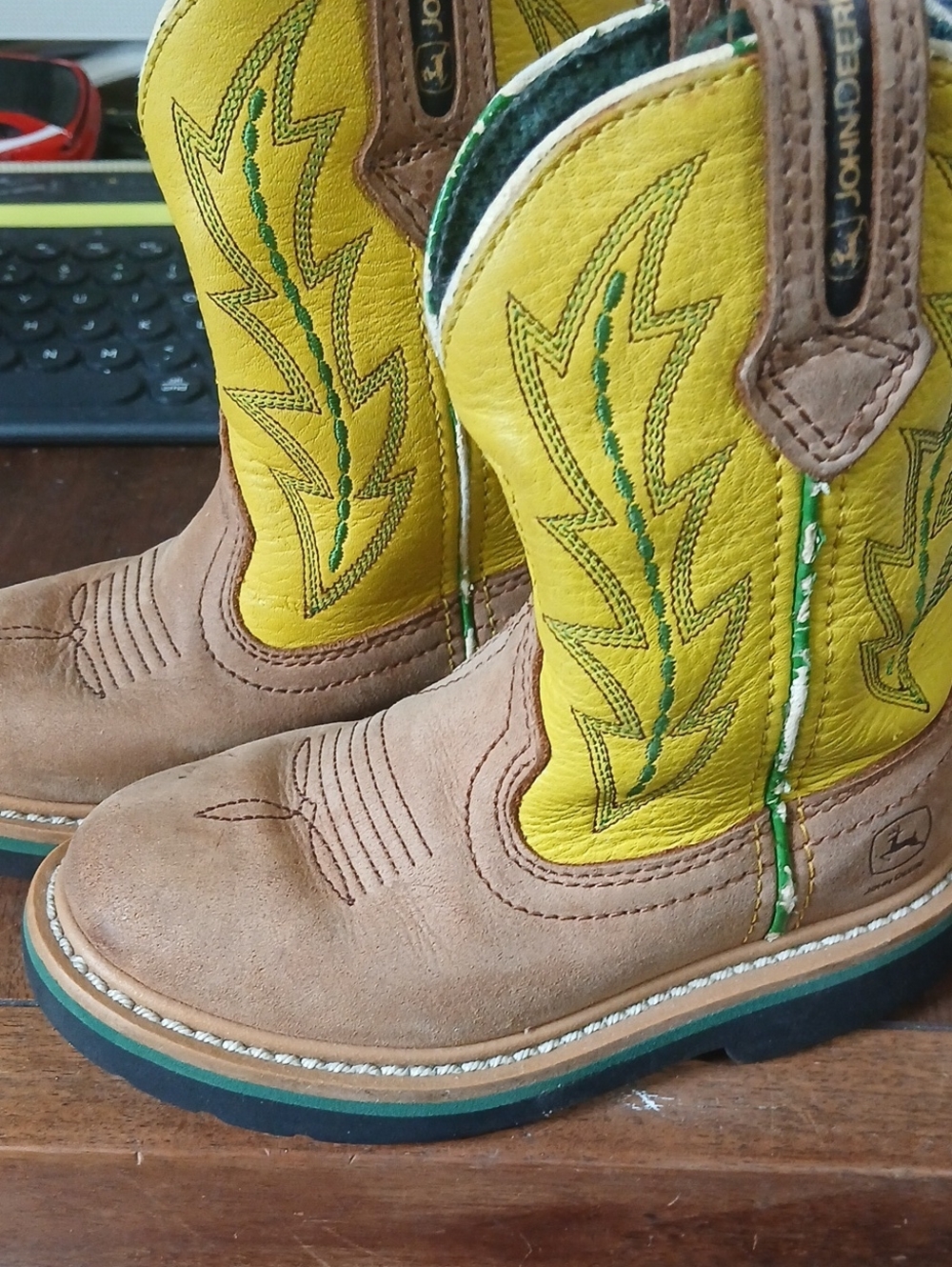 John Deere Kids Yellow and Brown Pull-On Western Boots 9m Toddler